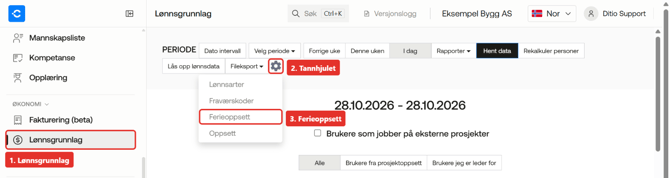 Tannhjulet i Lønnsgrunnlag med menyvalget Ferieoppsett